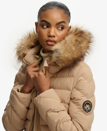 Fuji Faux Fur Slim Fit Hood Padded Jacket | Shaker Beige