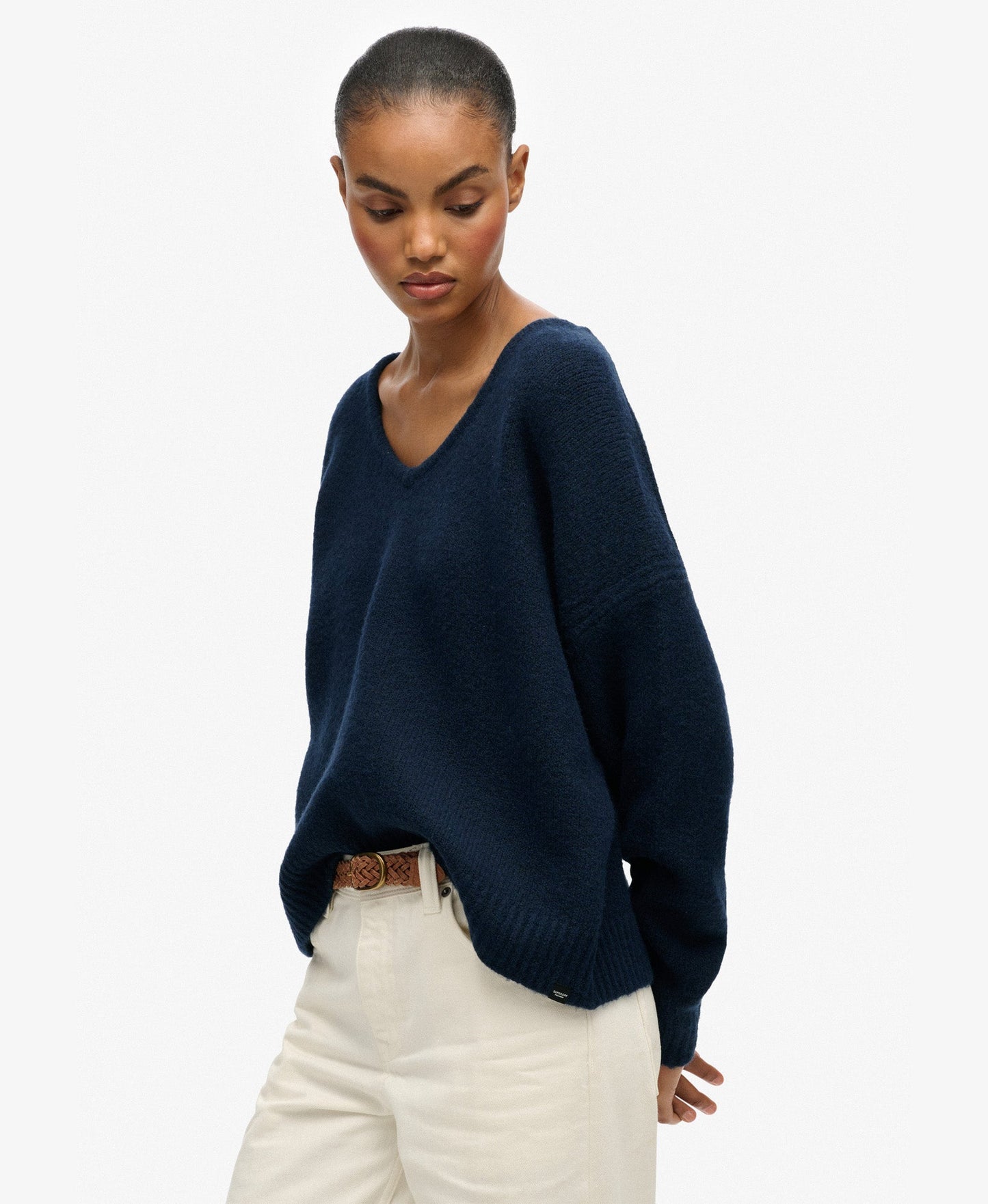 Brushed Os V Neck Jumper | Richest Navy Twist