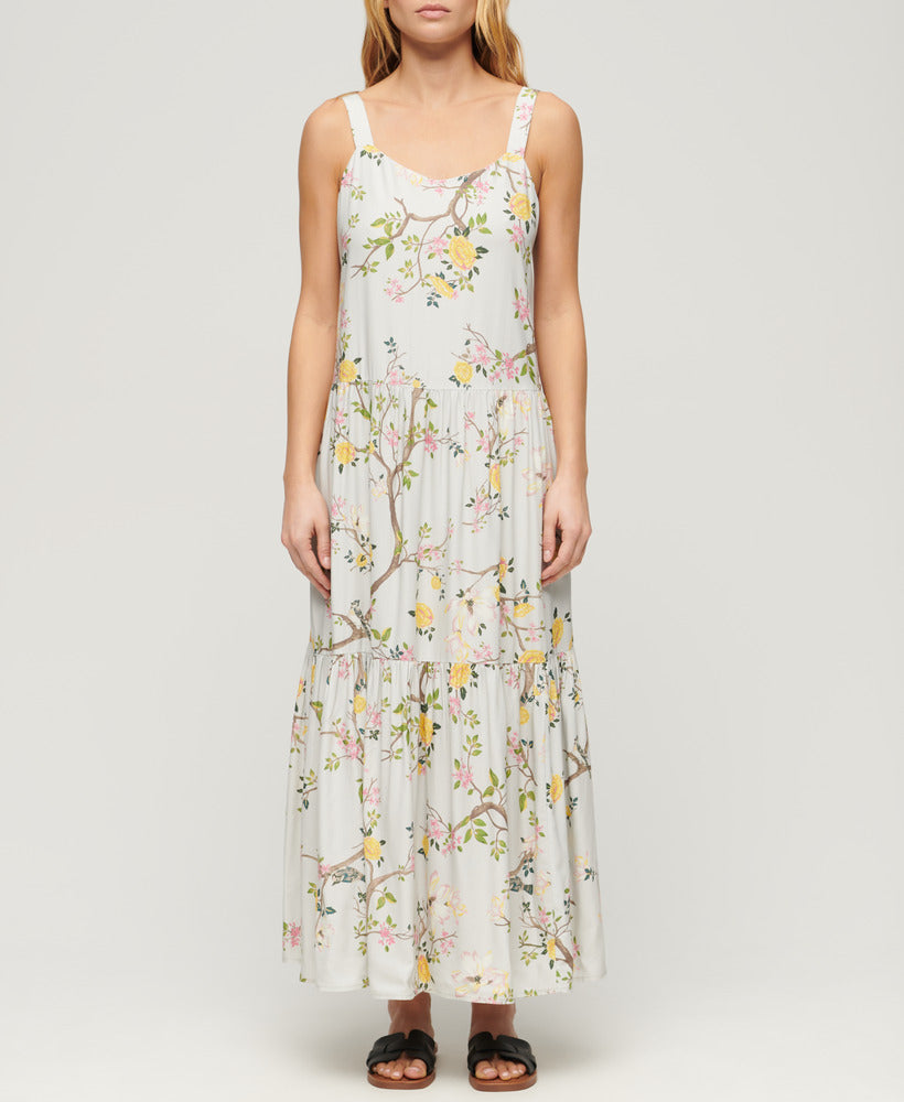 Woven Tiered Maxi Dress | Blossom Birds Grey