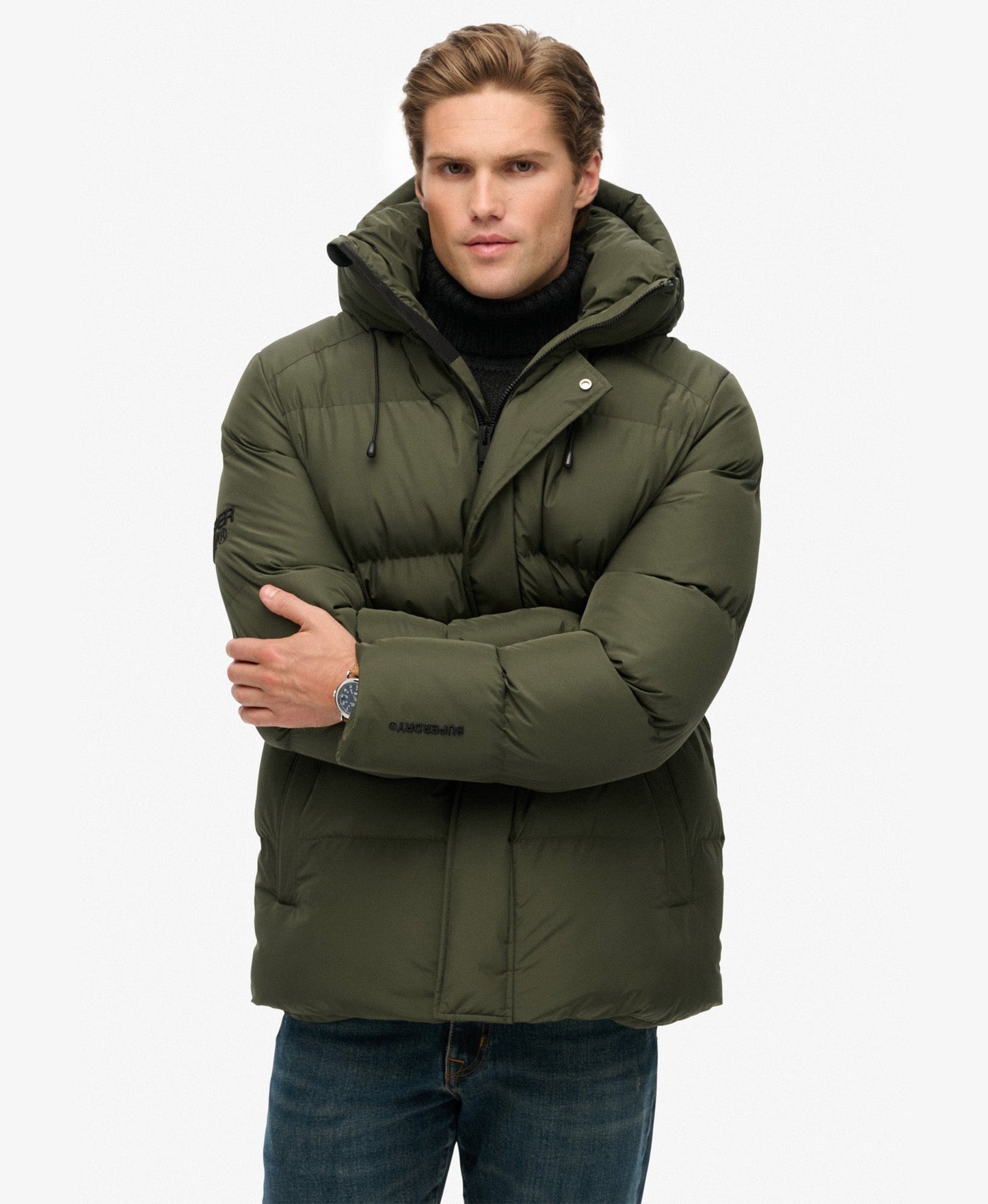 Hooded 5 Baffle Sports Puffer | Army Khaki Green