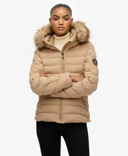 Fuji Faux Fur Slim Fit Hood Padded Jacket | Shaker Beige