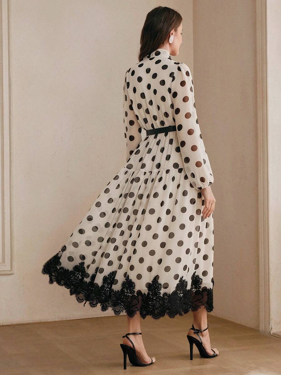 Women's Polka Dot Chiffon Lace Splice Tie Waist Elegant Dress